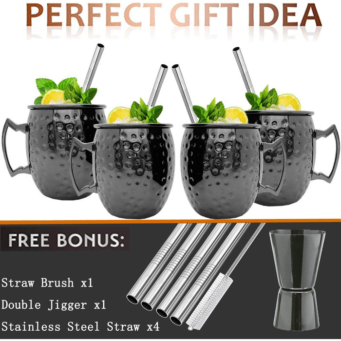 Moscow Mule Mug Set, 4-Piece, Gunmetal Black 550ml, Moscow Mule Mug with 4 Cups, 4 Straws, 1 Measuring Cup for Cold Drinks, Beer, Gin, Vodka, Cocktails, and Water Enjoyment