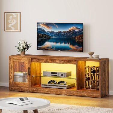 YITAHOME ТВ-тумба ретро з дерева, 148×32×51 см, з регульованою скляною полицею, LED RGB підсвіткою 144 см, пультом ДУ, коричнева