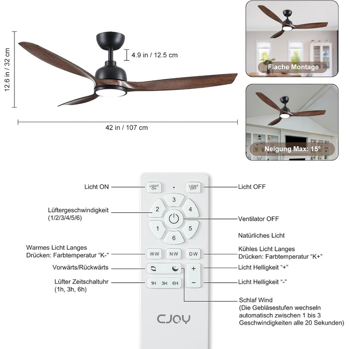 Стеляний вентилятор CJOY з підсвічуванням, 107 см, з пультом керування, тихий, DC, реверсивний, пам'ять 3CCT, диммування, 6 швидкостей, таймер для спальні (132 см - чорне дерево)