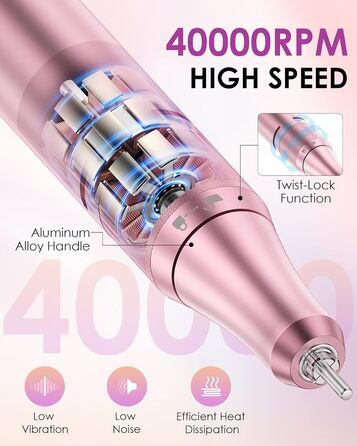 Електричний апарат для манікюру та педикюру з LCD-дисплеєм, 40000 об/хв, 15 насадок, рожевий. Для професійного та домашнього використання