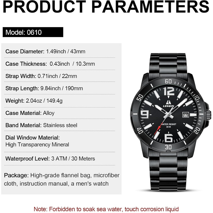 Годинник чоловічий LN LENQIN з нержавіючої сталі, водонепроникний, з датою, кварцовий, аналоговий, чорний, бізнес-стиль