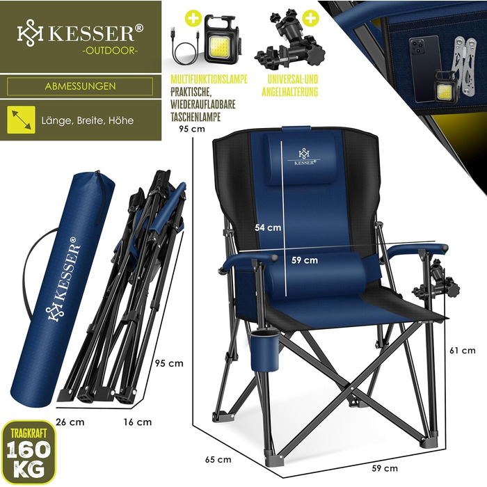 Крісло для кемпінгу KESSER® з високою спинкою, 160 кг, з підлокітниками, тримачем для напоїв та світлом, Navy Blue/Black