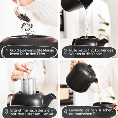 STEINZEIT Design Teapot (1.3L) with 304 Stainless Steel Infuser - Ceramic Teapot with Unique Glaze with Removable Strainer - Black