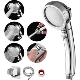 MIAOHUI Showerhead, Water-Saving with Water Stop Function, 3 Spray Patterns, Pressure-Boosting Showerhead, Shower with Hose and Holder (Chrome)