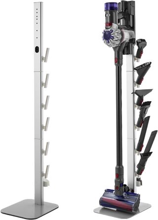 Стійка для пилососа VEVOR 126 см, сумісна з Dyson G5, V15, V12, V11, V10, V8, V7, V6 серії, з аксесуарами, підлогова стійка, кріплення з 6 гачками та антиковзними накладками, сріблястий колір