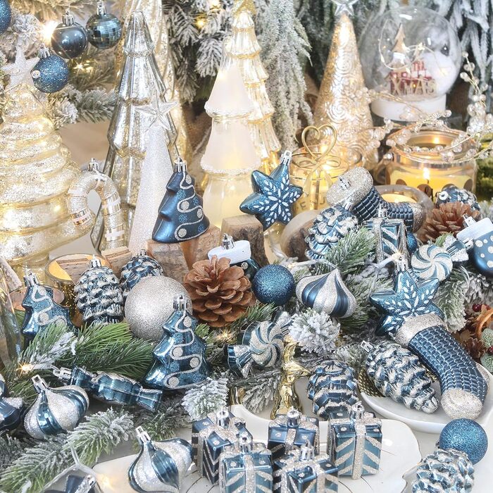 Набір прикрас для ялинки Sea Team 77 шт. – міцні кулі, прикраси, кулі-підвіски, подарункова упаковка (кам'яно-блакитний)