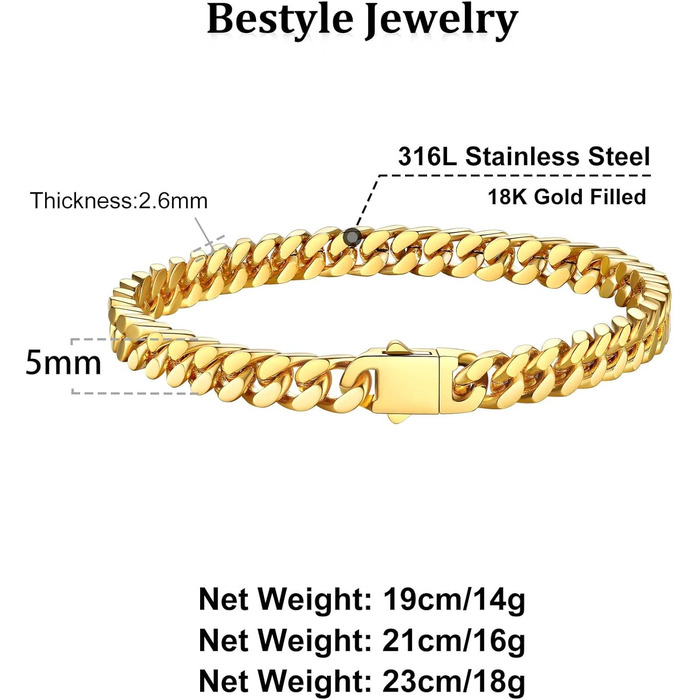 Чоловічий браслет-ланцюжок Miami Bestyle з нержавіючої сталі, 5/7/9/12.5 мм, 19/21/23 см, з подарунковою коробкою