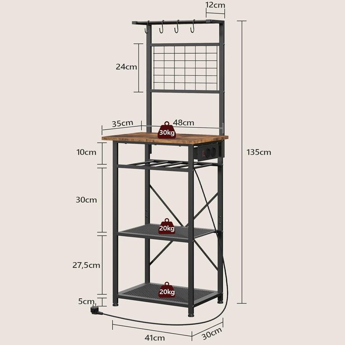 Стельова полиця з розетками, підлогова полиця, полиця пекаря, 35 x 48 x 135 см, 4 гачки S-подібної форми, станція для кавової бару з тримачем для пляшок та гачками, вінтажний коричневий та чорний колір ABRHR23UE01