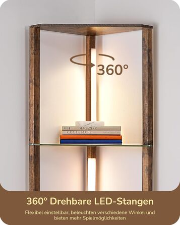 Стійка лампа EDISHINE з 4 полицями з дерева, LED диммер, 3 кольори світла, поворотний світловий маніпулятор, підсвічування полиць, регулювання яскравості, футовий вимикач, для вітальні (Вінтаж-коричневий+скло)