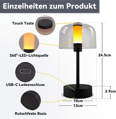 LED настільна лампа Homefire з акумулятором, диммуванням та USB-C зарядкою. Чорна металева лампа з акрилом, сенсорне керування, 1800K-6500K, з функцією пам'яті для дому