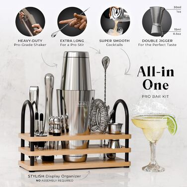 Bare Barrel® Cocktail Shaker Set - 14 Piece Mixology Bar Set with Boston Shaker, Martini Accessories, & Recipe Cards - Perfect Home Bar Gift Set
