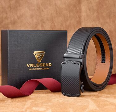 Чоловічий шкіряний ремінь VRLEGEND з автоматичною застібкою (ратинг) без дірок для ділового костюма, регульований розмір, з подарунковою коробкою, чорний