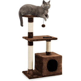 Lionto Scratching Post for Cats with Cave and Plush Ball incl. Bell, Height 85 cm, Cat Tree with Sisal & Plush, Cozy Lying Areas & Cave, Suitable for Small & Large Cats, (Brown (with nameplate))