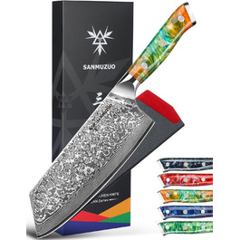 Японський ніж Nakiri Sanmuzuo Xuan Serie 19 см, Дамаск, VG10 сталь, ручка з гірської смоли (Dream Orange)