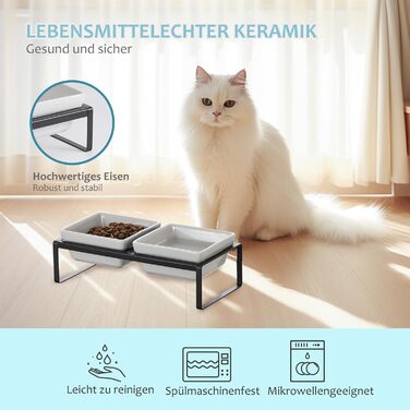 Сіра миска для кота з піднятим краєм - подвійна керамічна миска проти блювоти, легко миється, 2 x 480 мл, сірий колір