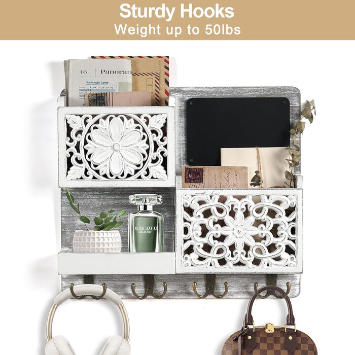 Дерев'яний ключниця з полицею на стіну, органайзер для ключів з 2 відсіками для листів, крейдяною дошкою та 8 гачками, вінтажний білий