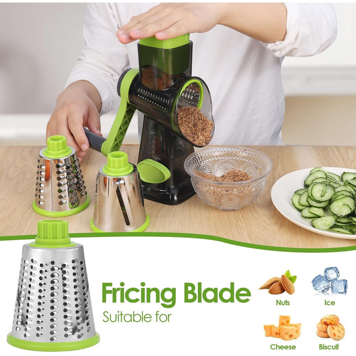 Ручна тертка для сиру та овочів Dreamhigh з ручкою, 3 змінні леза з нержавіючої сталі, для сиру, овочів, горіхів, моркви, ідеальна для огірків, білий (зелений)