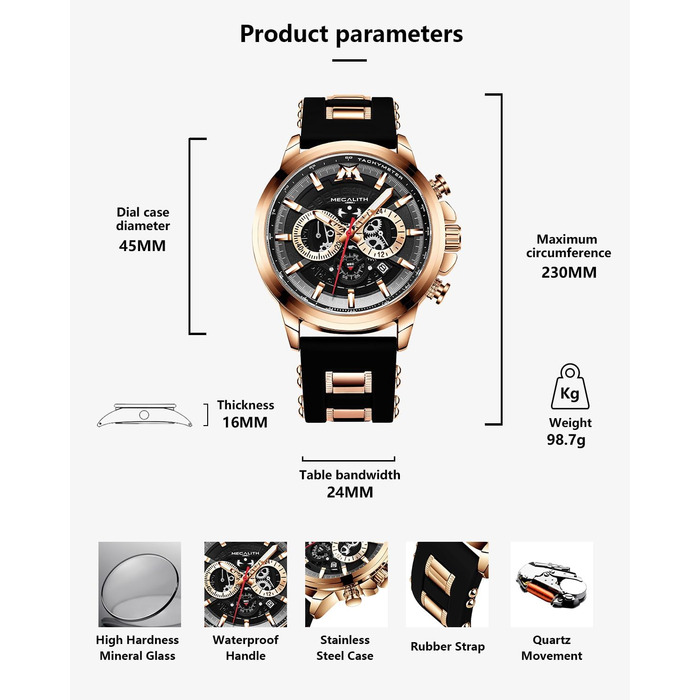 Чоловічий годинник MEGALITH Chronograph: аналоговий водонепроникний годинник з датою та світловим покриттям. Великий кварцовий годинник - ідеальний подарунок для спортивних чоловіків (A1-чорний)