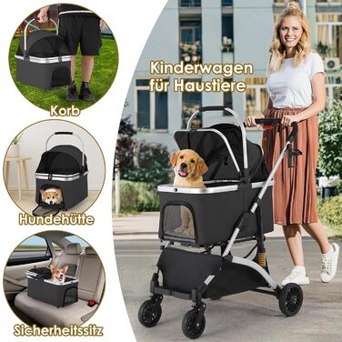 Візок для собак Mamizо 3-в-1: візок, переноска, сумка. До 20 кг, поворотні колеса, кошик, тримач для напоїв, для собак та котів (сріблястий, чорний)