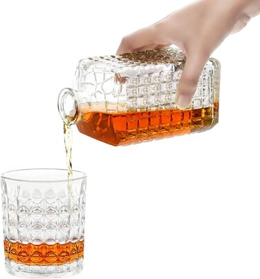 Belle Vous Whiskey Decanter Set (5-Piece) - 500 ml Whiskey Decanter with 4 260 ml Engraved Glasses - Whiskey Set - Ideal for Whiskey, Wine, Brandy, Bourbon, and Other Spirits