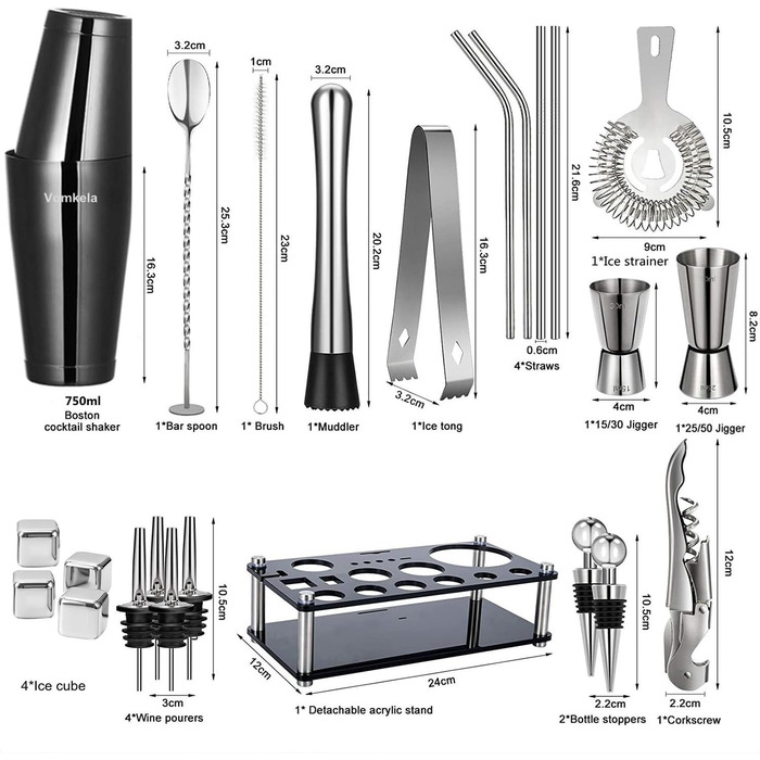 Cocktail Shaker Set, Boston Cocktail Shaker with Stand, 25pcs Bar Accessories Bartender Cocktail Mixer Accessories, 750ml Stainless Steel Cocktail Shaker Gifts Cocktail Decor Bar Counter (Style 2)
