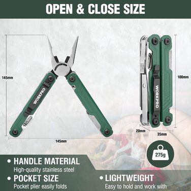 Мультитул WORKPRO 18 в 1: мультиінструмент з нержавіючої сталі з ножем, відкривачкою, ножицями, кліпсою для ременя. Ідеально для кемпінгу, ремонту, подарунок. У комплекті сумка.