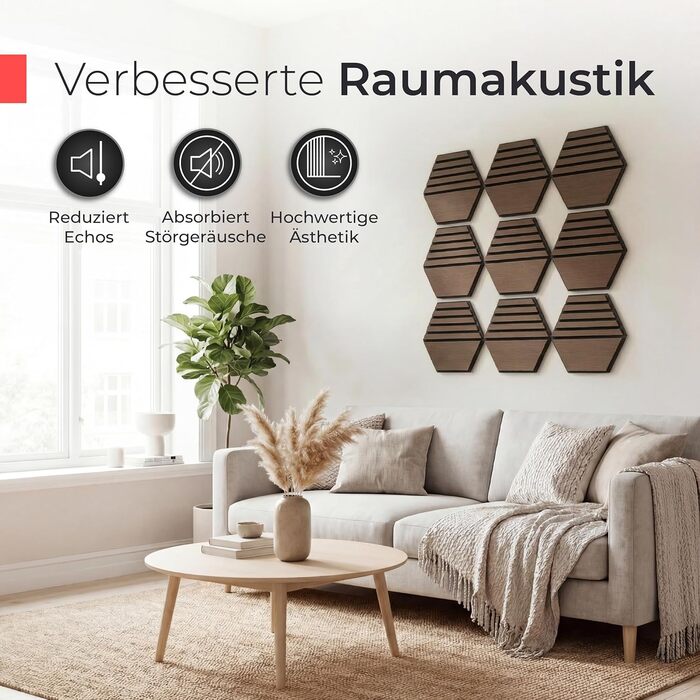 Акустичні гексагональні панелі з натурального горіха та чорного фетру, самоклеючі 3D-панелі для звукоізоляції стін, набір 9 шт (30x26 см)