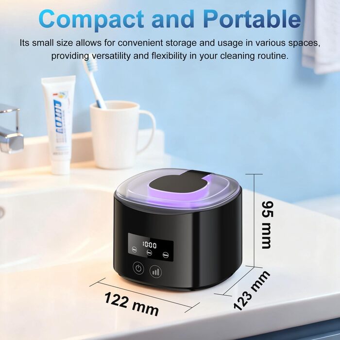 Ультразвукова очищувач 50 кГц, 230 мл, акумулятор 2000 mAh, з УФ-лампою, для зубних щіток, протезів, ювелірних виробів (чорний)