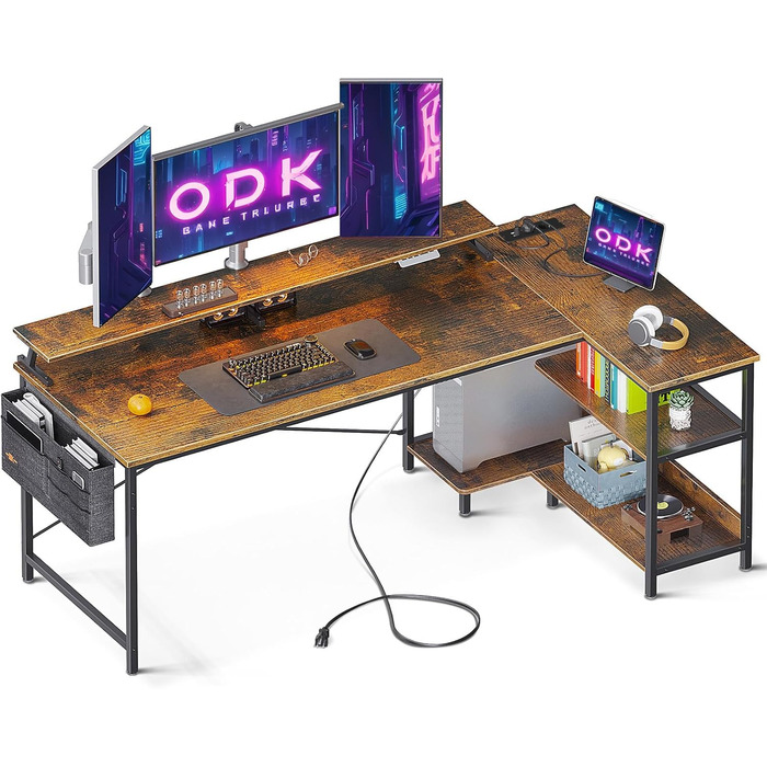 ODK L-Shaped Desk, Corner Desk with USB Charging Port & Socket, Gaming L-Shaped Desk with Shelf Reversible, L-Shaped Computer Desk with Monitor Stand for Office (Black, 168x80cm) 168x80cm Black