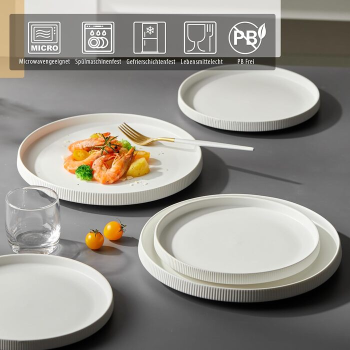 Набір посуду Jiwoo для 4 осіб (12 предметів): тарілки, супові миски, десертні тарілки - Bone China, сучасний дизайн, безпечно мити в посудомийній машині та використовувати в мікрохвильовці