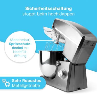 Планетарний міксер Clatronic KM 3765 XXL для випічки, чаша 10л, 1500Вт, тістомішалка з насадками та захистом від бризок (Титан)