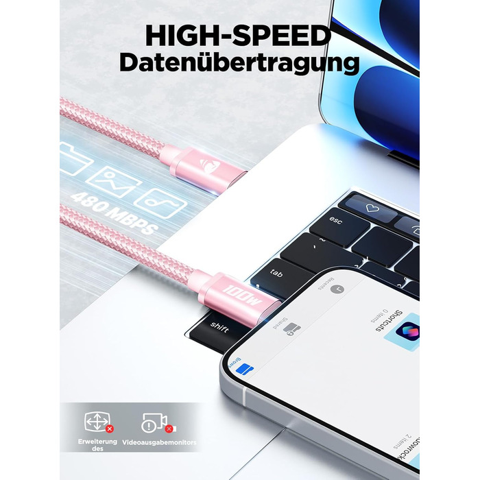 Кабель USB-C на USB-C [2 шт.] 100W, 3м + 3м, рожевий. Підтримка PD, швидка зарядка, для iPhone, Samsung, iPad, MacBook, Pixel, Switch
