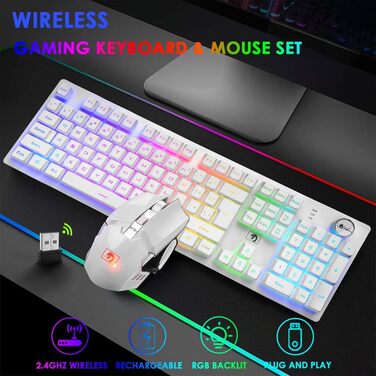 FELiCON Комбо-набір бездротової клавіатури та миші, 4800mAh, RGB LED-підсвічування, керування кнопками, ергономічний дизайн, 7 кольорів, чорний (K&M)