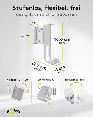 Настінний кронштейн-підставка для колонки Goobay Sonos One / One SL, білий, з кабель-менеджментом, висота 71 см, вантажопідйомність 3 кг