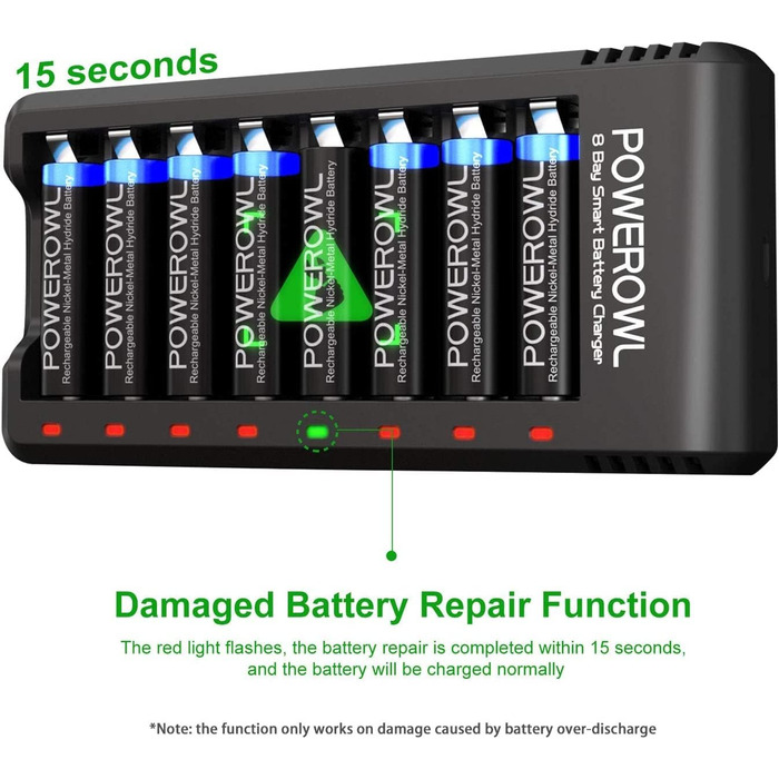 Зарядний пристрій PowerOWL для акумуляторів AAA Pro, комплект 8 шт. + 8 акумуляторів AAA, перезаряджувані (NIMH)