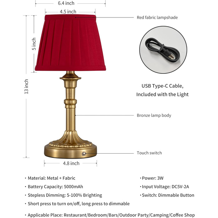 Акумуляторна настільна лампа LED з димером та червоним абажуром (2 шт) для вітальні, спальні, ванної кімнати, бронза