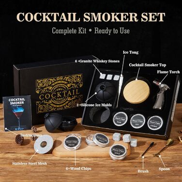 Набір для копчення віскі – Old Fashioned Cocktail Geschenkset: 6 дерев'яних чіпсів, 4 гранітні камені, запальник та аксесуари для любителів віскі та коктейлів (без бутану)