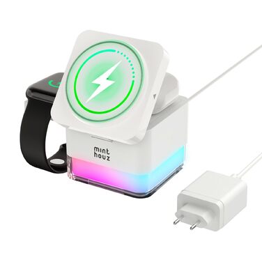 Бездротова зарядна станція 3-в-1 Minthouz Cube, швидка зарядка Qi 15W з багатокольоровою підсвіткою для iPhone 16, 15, 14, 13