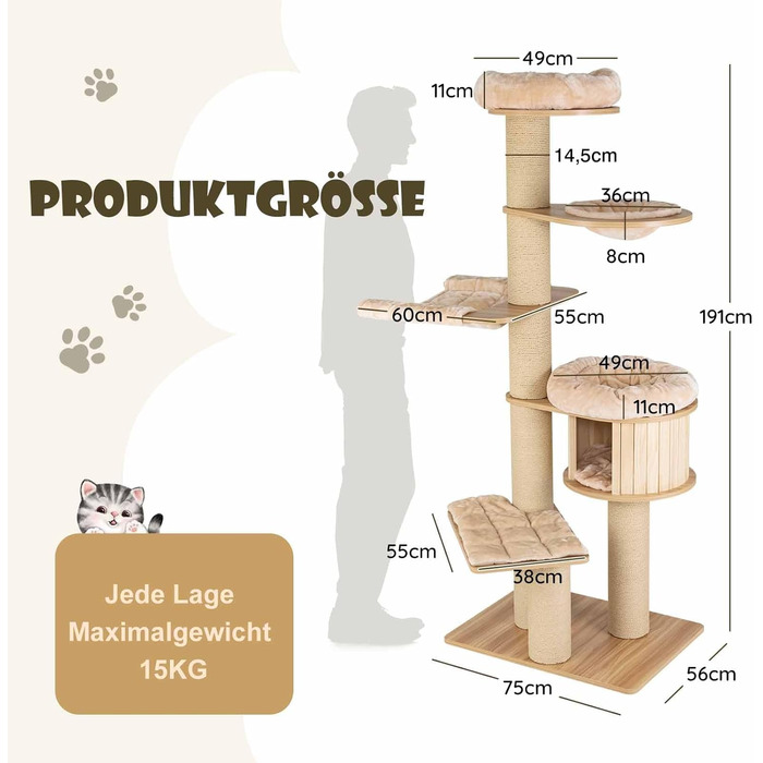 Дерев'яний кігтечка Costway 197 см з гамаком, будиночком та кошиком для котів, 7-ярусний, бежевий