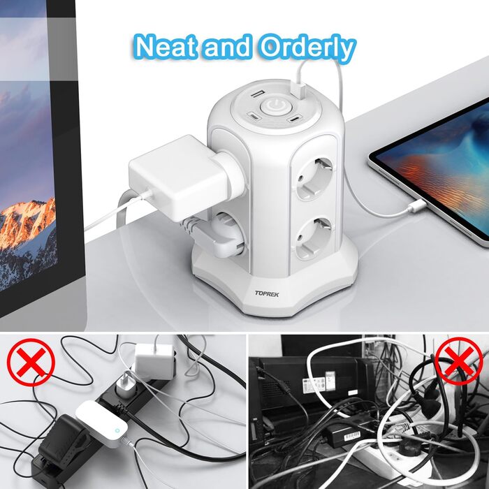 Многорозеткова панель з USB, 8 розеток, з вимикачем, 4000W/16A, захист від перенапруги, 5м кабель, білий