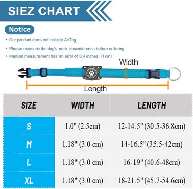 Світловідбиваючий нашийник для собак AirTag, водонепроникний, для середніх та великих собак, розмір M (35.5-44 см), блакитний
