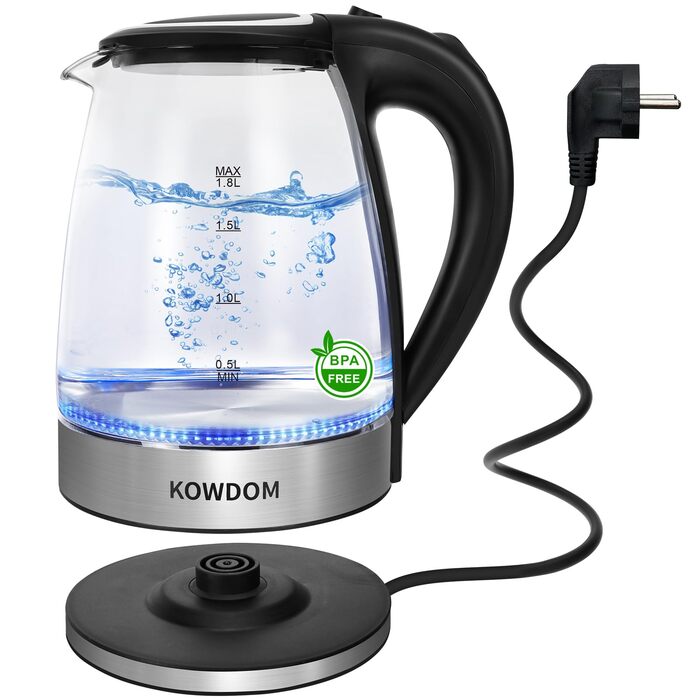 Електричний чайник Kowdom 1.8L з боросилікатного скла, BPA-free, 2200W, швидкий нагрів, автовимкнення та захист від сухого кипіння, чорний