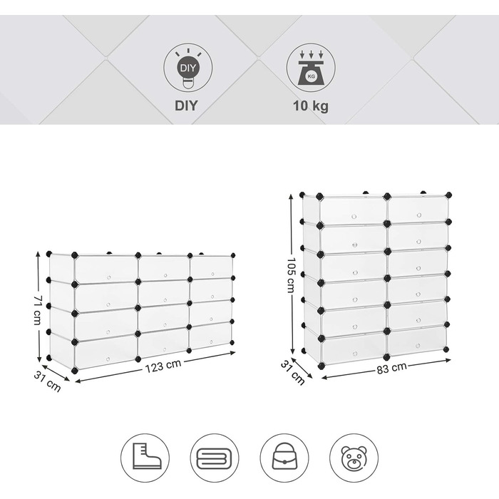SONGMICS Plastic Shoe Rack, Shelf System, Plug-in Shelf, Storage Shelf, Wardrobe, Shoe Storage, Metal Wire, 83 x 31 x 105 cm, White LPC26W