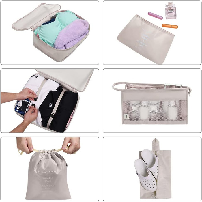 Органайзер для валізи OSDUE 8 шт. - Набір кубиків для пакування, водонепроникні сумки для подорожей, органайзери для валізи, косметичка, мішок для взуття, кишеня для USB-кабелів (Бежевий)