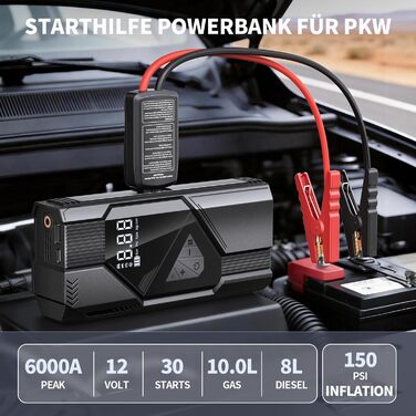 Powerbank для прикурювання FINIBO 6000A для авто 12V (бензин до 10л/дизель до 8л) з LCD екраном, кабелями для прикурювання, зарядний пристрій для акумулятора