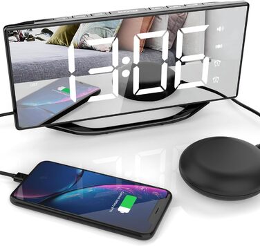 Loud alarm clock with bed shaker for heavy sleepers, digital dual alarm clock with vibration, 8.7'' LED mirror alarm clock for children, teenagers, 7 volume levels and dimmer, battery backup, snooze, 12/24H-DST