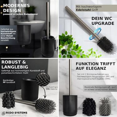 Торцева щітка для унітазу з нержавіючою ручкою - комплект з 2 насадками для ванної кімнати. Стійка, кругла щітка для туалету. Гігієнічна, антибактеріальна (чорний)