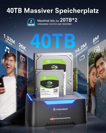 Док-станція для жорстких дисків POSUGEAR RGB USB 3.0 з підтримкою 2.5/3.5 SATA HDD/SSD, 2 відсіки, Offline Clone, UASP