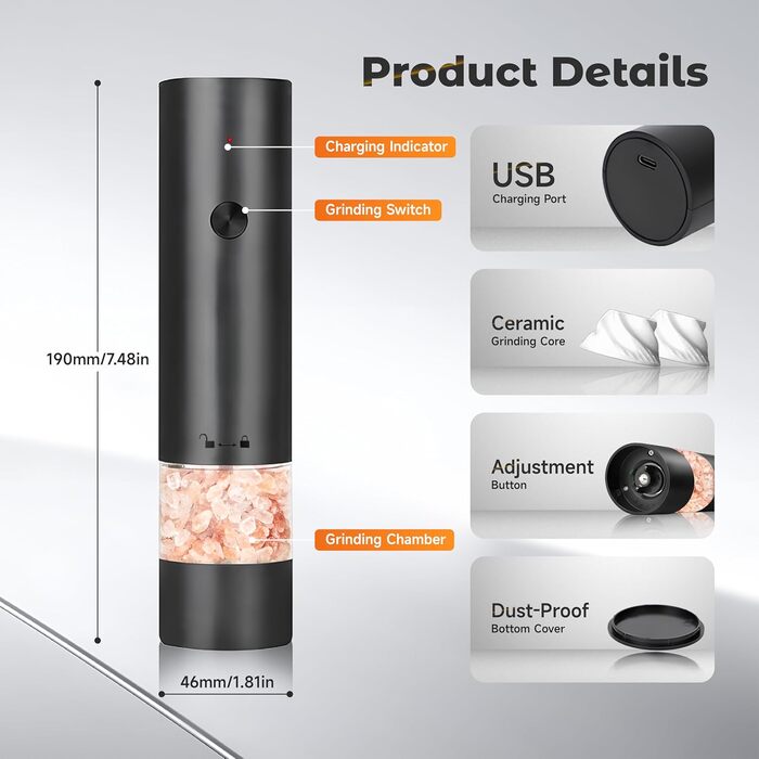 Електричні млини для солі та перцю (2 шт.), USB, для великої солі та перцю