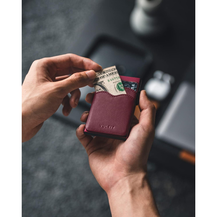 VULKIT Слайдер-гаманець з RFID захистом для карт та грошей, шкіряний мінімалістичний металевий картхолдер (Бордовий)